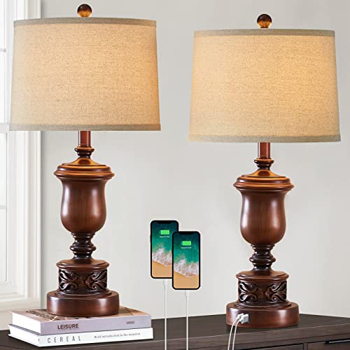 Rustic Farmhouse Table Lamps Set Of 2 For Living Room Traditional Vintage Bedside Lamps With 2 Usb Charging Ports For Bedroom End Table Brown Finish (E26 Socket& Rotary Switch,Bulb Not Included) #TOP28