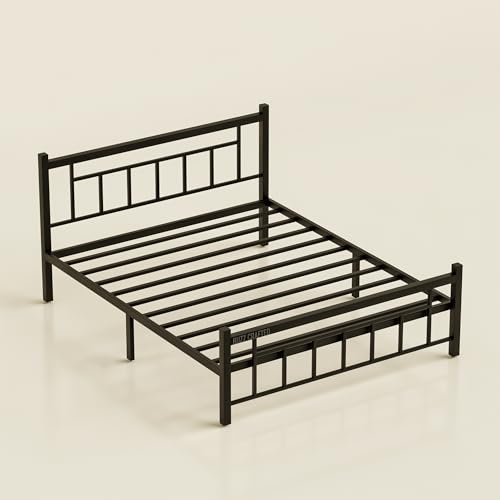 Image of Queen Size Metal Bed Frame | Queen Metal Bed | QueenSize Iron Bed | Queen Steel Bed | Heavy Duty Platform Bed | Double Bed Cot | Wrought Iron Bed | Steel Slats | No Box Spring Needed | Black