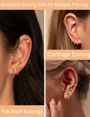 ORAZIO Small Flat Back Earrings,Push in Stud Earrings for Women Men,Hypoallergenic 14K Gold Plated Surgical Stainless Steel Threadless Earring,Flatback Stud Hoop Cartilage Earring Set for Multiple Piercing3