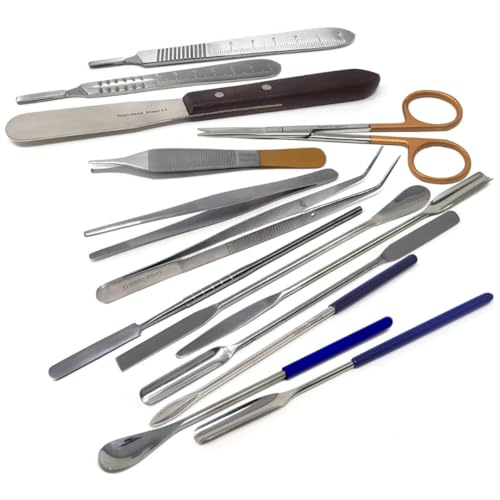 Multifunction Scientific Lab Tools Basic Starter Biology Chemistry Set includes Stainless Steel Micro Sampling Spoon Scoop Spatulas, Forceps, Scissors, Graduated Scalpel Handles - 14Pcs