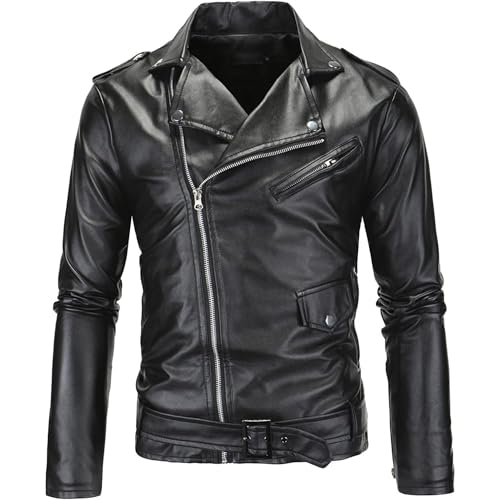 Maiyifu-GJ Men Faux Leather Motorcycle Jacket Asymmetric Zipper Slim Outwear Overcoat Retro Notched Lapel Pu Biker Coat (Black,XX-Large)