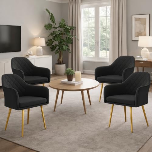 Image of Barfi Velvet Dining Chair | Set of 2 Premium Accent Chair with Armrest, Padded Seat and Metal Legs | Comfy Chair for Home, Office & Restaurents | (Dark Grey Set of 4)