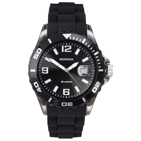 Sekonda 44 mm Black Analogue Watch with Silicone Strap Cover