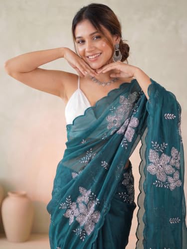 Image of AKHILAM Women's Shimmer Pure Georgette Embroidered Ready To Wear one Minute Saree With Unstitched Blouse Piece