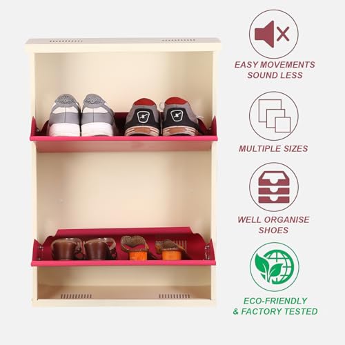 Image of Metal Shoe Rack Wall Mounted for Home with Central Locking 2 Door 20 inch Wall Mounted Metal 4 Pair Rack Cabinet Pre-Assembled Shoe Rack Shelves 3 Years Warranty (Pink & Ivory)