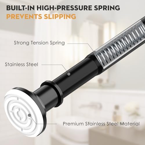 Image of Tension Shower Curtain Rods 1.1 inch Diameter Black Long Curtain Rod 30 to 100 inch Adjustable Spring Heavy Duty Rods for Bathroom Windows Outdoor No Drill No Slip Stainless Steel