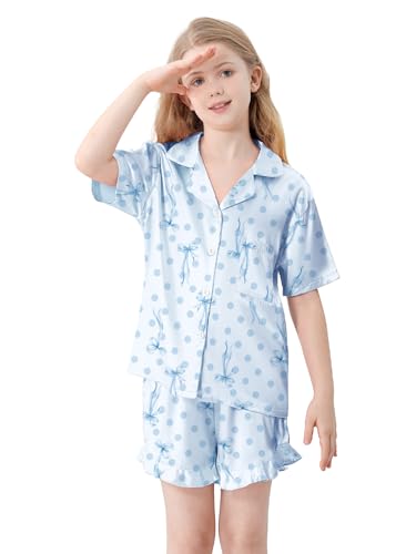 Umeyda Girls 3 Pieces Pajamas Sets Silk Satin Ruffle Sleepwear Short Sleeve Button-Down 3Pjs Nightwear, 5-14 Years3