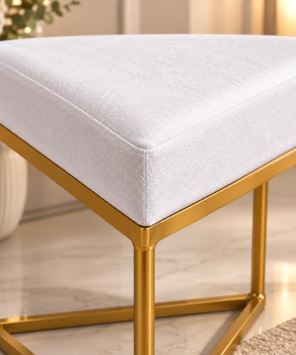 Image of Modern Velvet Triangular Vanity Stool with Gold Metal Frame | Upholstered Makeup Chair for Dressing Table | Accent Seating for Bedroom, Living Room & Home Decor- Cream
