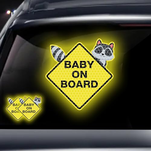 Image of 2PCS Assured Signs Baby On Board Sign Stickers,Reflective Baby Safety Warning Decal for Cars- Bright Yellow, Durable (Raccoon Baby on Board)