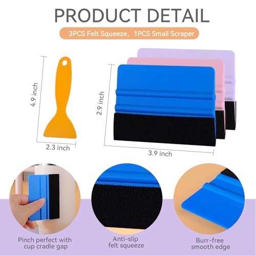 Image of Mity rain 4PCS Squeegee for Vinyl with 3PCS Felt Squeegee Tool, Craft Adhesive Vinyl Wrap Squeegee Applicator Tool for Apply Decals, Car Film Wrap, Window Tint, Wall Paper, Scraper for Vinyl