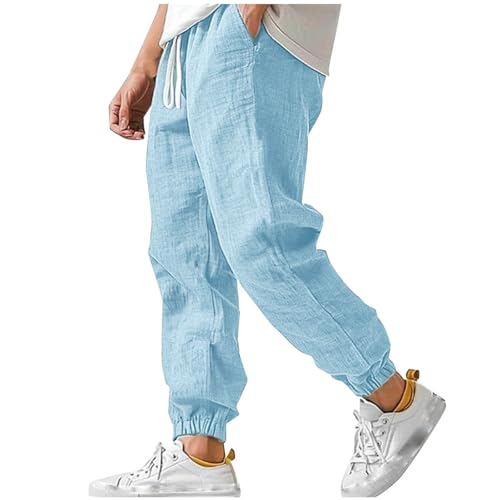 Cotton Linen Pants for Men Elastic Drawstring Waist Loose Casual Beach Pant Comfy Summer Travel Trousers Cinch Bottom
