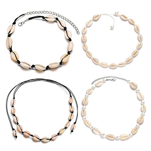 ATIMIGO Natural Shell Choker Handmade Rope Pearl Hawaii Beach Necklace Jewelry for Women Girls 4 Pack