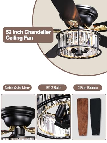 Image of 52 inch Low Profile Flush Mount Crystal Chandelier Fan with Light