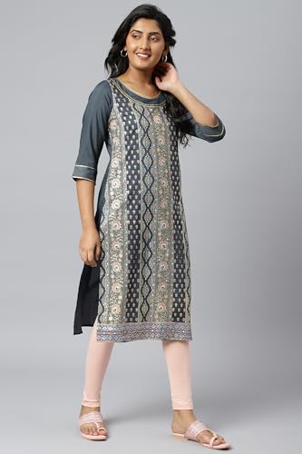 Image of Aurelia Women's Polyester Regular Fit Floral Print Viscose Blend Regular Kurta
