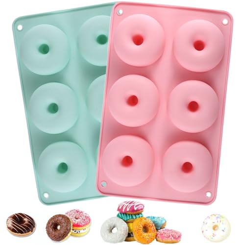 Molde de silicona para donuts, antiadherentes, para hornear rosquillas, moldes de silicona resistentes al calor,Moldes de donuts antiadherentes de silicona con 6 ranuras para pasteles, magdalenas,2PCS