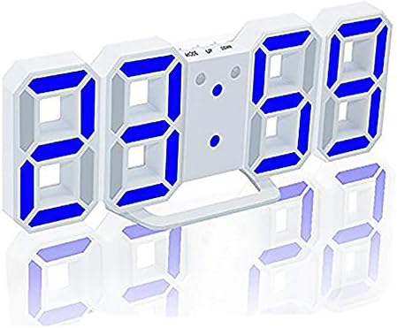 Evangel LED Digital Alarm Clock for Desk/Shelf/Tabletop, Modern Home Decoration 3D Wall Clock, Easy to Read at Night, Loud Alarm and Snooze, Big Digit Display (White Frame, Blue Light)
