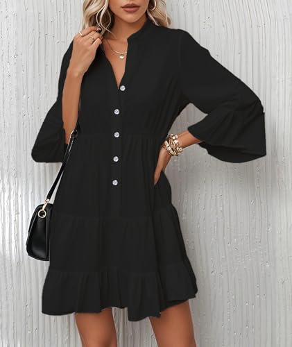 Image of Opemiby Summer Dresses for Women 2026 Flowy Ruffle 3 /4 Sleeve V Neck Tiered Casual Babydoll Boho Beach Mini Dress