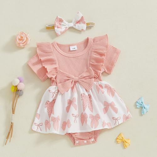 Baby Romper Dress Newborn Girl Clothes Bowknot Onesie Ribbed Knit Jumpsuit Infant Summer Outfit3