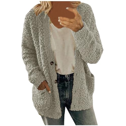 Women Casual Plus Size Plush Sweater Pockets Outerwear Buttons Cardigan Coat Hooded Lightweight Jacket for