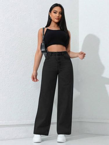 Image of CHKOKKO Women High Rise Denim Solid Regular Fit Jeans