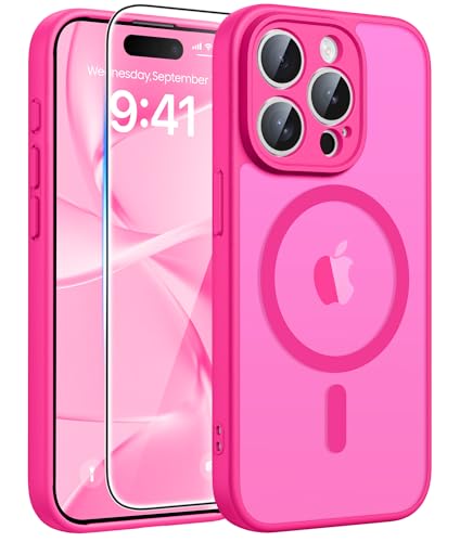 FNTCASE for iPhone 15 Pro Max Case: [Compatible with Magsafe] Translucent Matte Cases with [Full Camera Protection] [Screen Protector] Military Grade Shockproof Protective Phone Cover - Hot Pink
