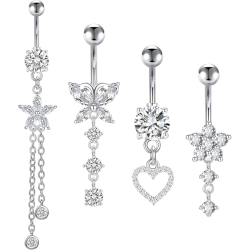 Fenglin-joy Piercing Nombril,4 Pièce 14G Piercing Nombril Acier Chirurgical Anneaux de Nombril Pendants avec CZ Clair Petits Cristaux Anneaux pour Boutons de...