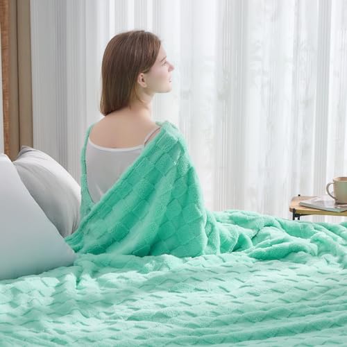 NEWCOSPLAY Super Soft Queen Blanket Aqua Premium Silky Flannel Fleece 3D Checkered Lightweight Bed Blanket All Season Use (Aqua Checkered, Queen(90"x90"))