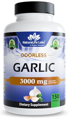 NaturaLife Labs Odorless Garlic – 3,000 mg Equivalent per Serving – 150 Softgels – Concentrated Garlic Bulb Extract with Organic Extra Virgin Olive Oil – Non-GMO, Gluten-Free