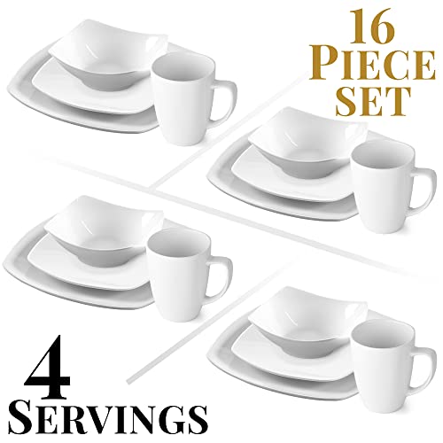Zulay (16 Piece) Square Dinnerware Sets -Premium Quality Porcelain Plates Set & Dishes Set - Service For 4 Dishware Sets With 4 Plates, 4 Side Plate, 4 Soup Bowl, 4 Square Mug & 2 Silver Sponges #TOP3