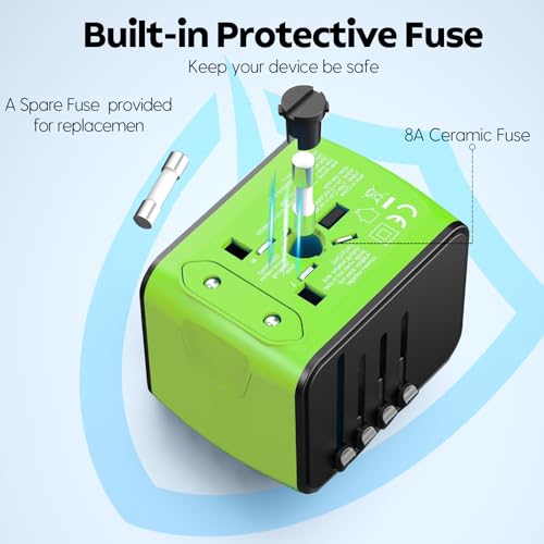 Image of JMFONE International Travel Adapter 2 USB-C & 2 USB-A Ports and Multi AC Sockets,Universal Power Adapter Worldwide All in One High Speed 2.4A Perfect for 200+ Countries (Green)