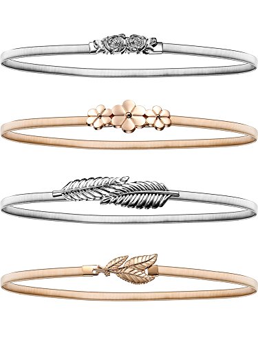 4 Pieces 27'' Women Elastic Waist Belt Stretch Metal Dress Belt for Women, Silver and Gold2