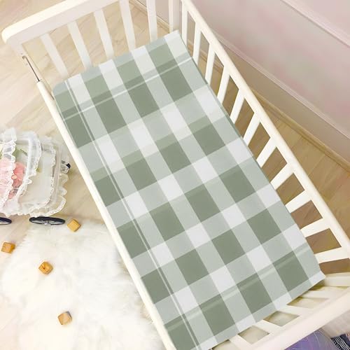 Image of Caikeny Fitted Crib Sheet for Boys Girls Sage Green Grey Plaid Baby Crib Sheets Bassinet Sheets Crib Mattress Bed Sheets for Toddler Newborn Infant 52 X 28 in