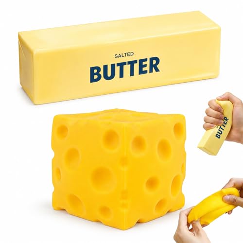 Butter Squishy und Cheese Squishy 2er Set Anti Stress Spielzeug Sensorik Quetschspielzeuge mit Langsamer Rückstellung Stressball für Kinder Erwachsene 7cm Käse + 14cm Butter(A)