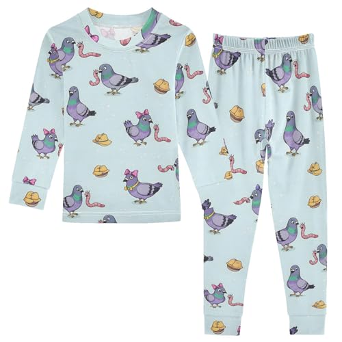 Pajama Sets Long Sleeve Cute Pigeons with Worms Pattern Soft Comfy Sleepwear 2 Piece PJS 3-8T