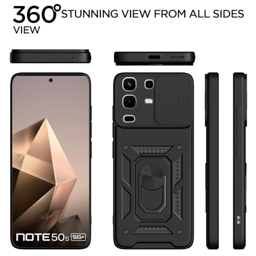 Image of Outlouders Back Cover for Infinix Note 50s 5G | D10 Tough Armor 360 Protection Case with Sliding Camera Shield & Ring Holder Stand Bumper Case (Black)