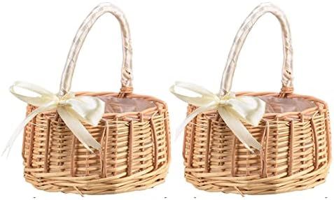 MEUMITY 2 PCS Rattan Flower Basket.Flower Girl Carry Basket with Lace Bow Lined Handmade Wicker Carry Basket for Vintage Wedding Garden Decor Outdoor Photography Country Style