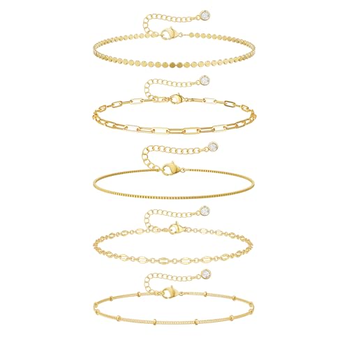 Image of DEARMAY Gold Ankle Bracelets for Women Waterproof, Non Tarnish 14K Gold Plated Beaded Link Chain Anklets, Layered Summer Beach Jewelry Gifts, Dainty Bikini Outfits for Vacation