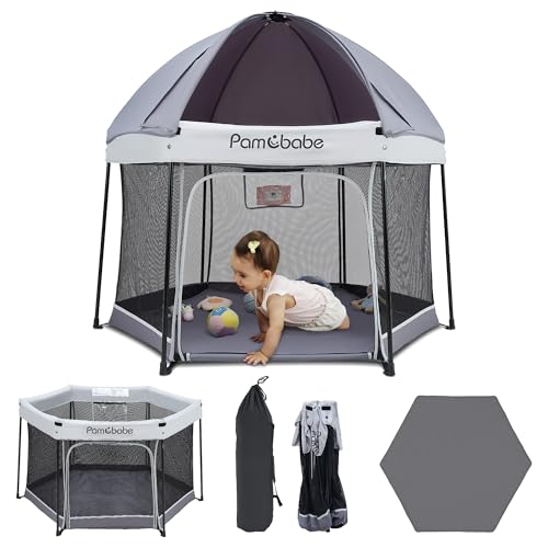 Image of Pamo Babe Baby Playpen with Sun Protection Canopy - Indoor & Outdoor Play Yard for Babies and Toddlers - Baby Tent with Zipper Door