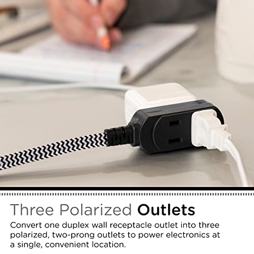 Cordinate Designer 3-Outlet Extension Cord, 8 Ft Braided Cable, 2-Prong Power Strip, Slide-To-Lock Safety, Low-Profile Flat Plug, Polarized, Etl Listed, Black/White, 39984 #TOP1