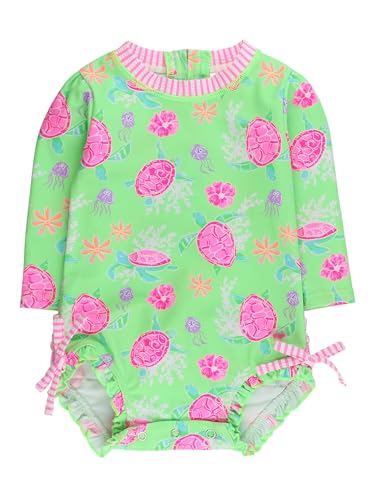 Image of RuffleButts Baby Girls UPF 50+ Sun Protection Floral Printed Long Sleeve One Piece Rash Guard Swimsuit with Zipper