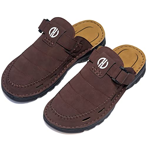 Jebuktxe Mens Clogs Summer Leather Sandals Closed Toe Garden Clogs Shoes Indoor Outdoor Slip-On Mules Wide Dark Brown Size 42 #TOP5