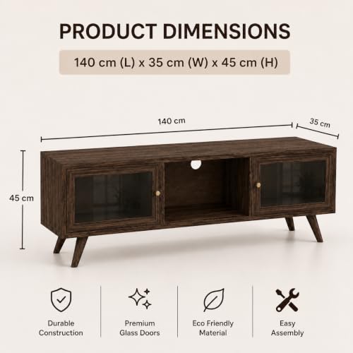 Image of The Attic Janah TV Cabinet, Solid Wood Sideboard TV Cabinet for Living Room, Wooden Free Standing TV Unit Side Board Table with Storage, Walnut Finish Glass
