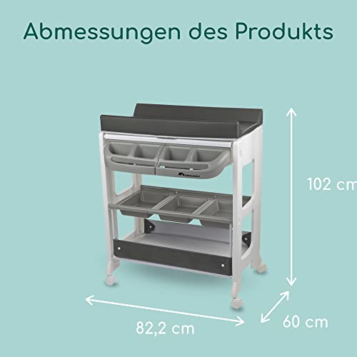 Bebeconfort Dolphy, 2-in-1 Baby Badewanne & Wickelkommode, 0 –12 Monate (max. 11 kg), Einfach Bewegbar Dank 4 Rollen, Aufbewahrungsfächer, Gepolsterte Wickelauflage, Einfache Wannenleerung, Grey Mist