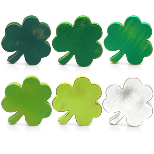 6 Pieces St Patricks Day Rustic Table Wooden Signs Unfinished Shamrock Table Centerpiece Indoor Irish Lucky Shamrock Standing Tabletop Decoration Wooden Shamrock Table Decor for Tiered Tray Decor