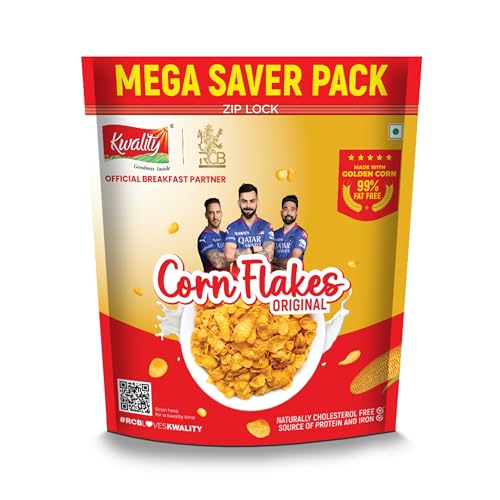 Image of Kwality Corn Flakes 800g | Made with Golden Corns | 99% Fat Free, Natural Source of Vitamin & Iron | High in Protein & Fiber | Healthy Breakfast Cereal (Pack of 2)