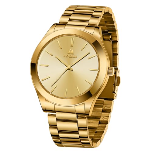 LN LENQIN Mens Watches Stainless Steel Analogue Quartz Minimalist Luxury Waterproof Men's Wrist Watches Metal Casual Business Dress Watch for Men (All Gold) - Image 6
