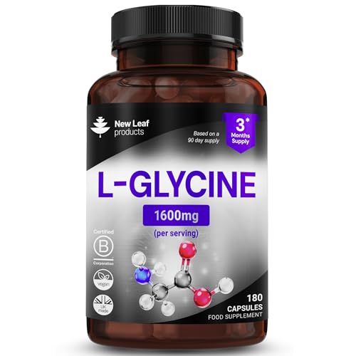 L-Glycine Capsules - 180 High Strength Vegan Amino Acid Suppelements - 1600mg Per Serving Providing A 3 Month Supply - Glycine Supplement Made in The UK By New Leaf