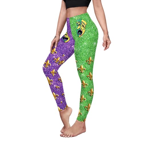 Eciodci Womens Mardi Gras Leggings 3D Printed Mask Fleur De Lis Purple Green Design Party High Waist Tight Pants for Women