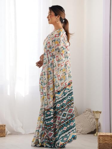 Image of Panzora Women's Chinon Printed Saree With Unstitched Blouse Piece