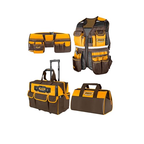 Image of INGCO 4 Pcs Tools Bag Set, 1680D Polyester Oxford - Includes 16 inch Tool Bag, Tool Pouch, Tool Vest & Rolling Rigid Tool Bag for DIY, Professional Construction & Auto Repair